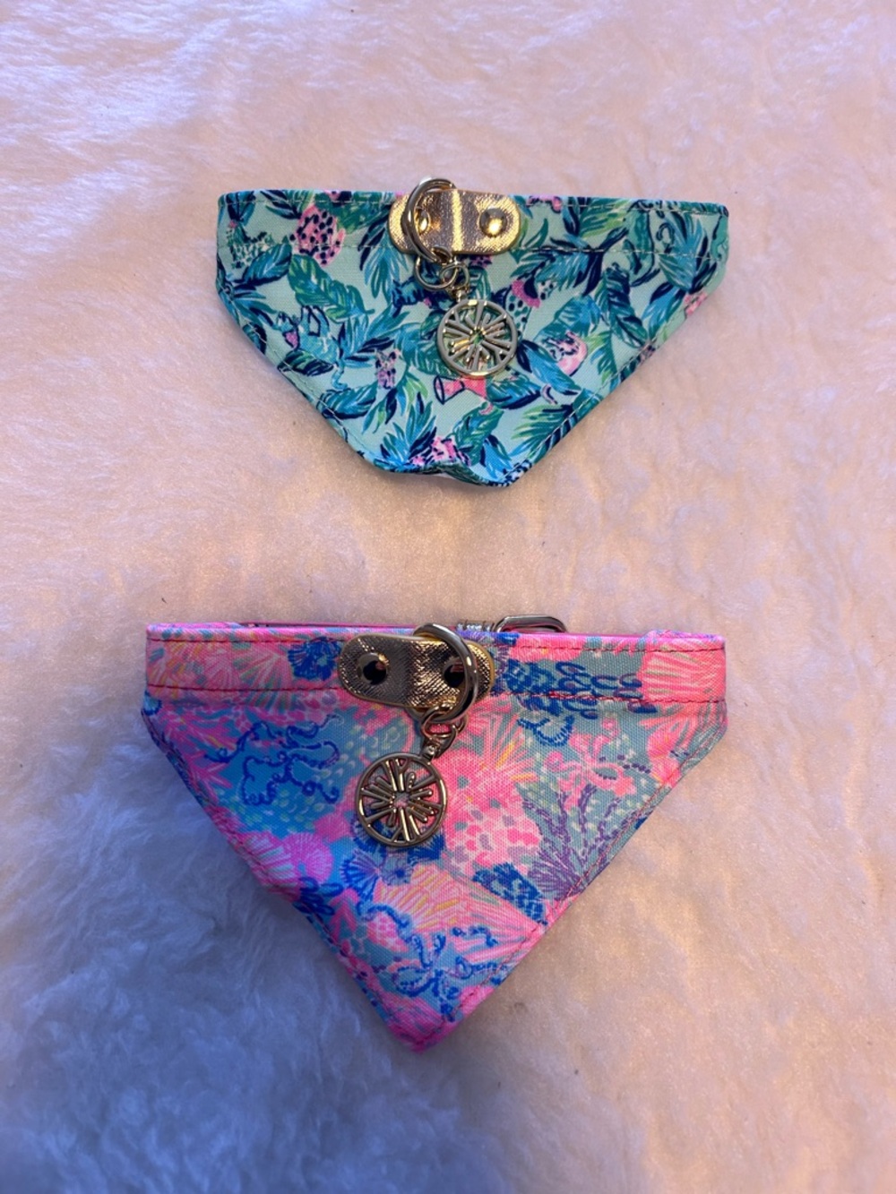 Lilly Pulitzer Pink & Aqua Floral Reversible Dog Bandanas with Charm (2)